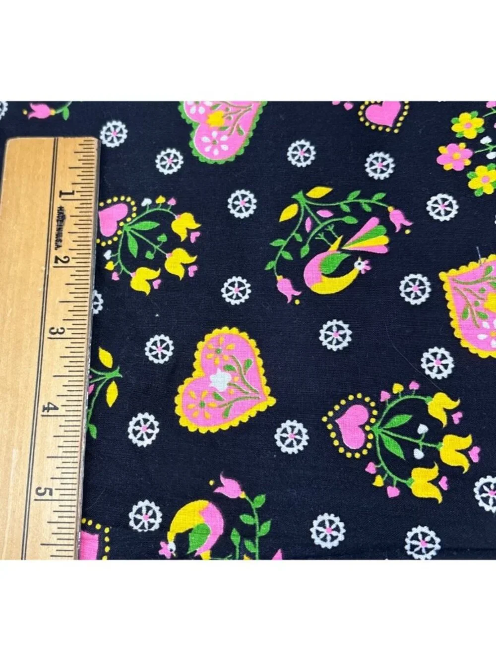 Black Cotton Fabric Colorful Bird Heart Design 1/2 yard x 44